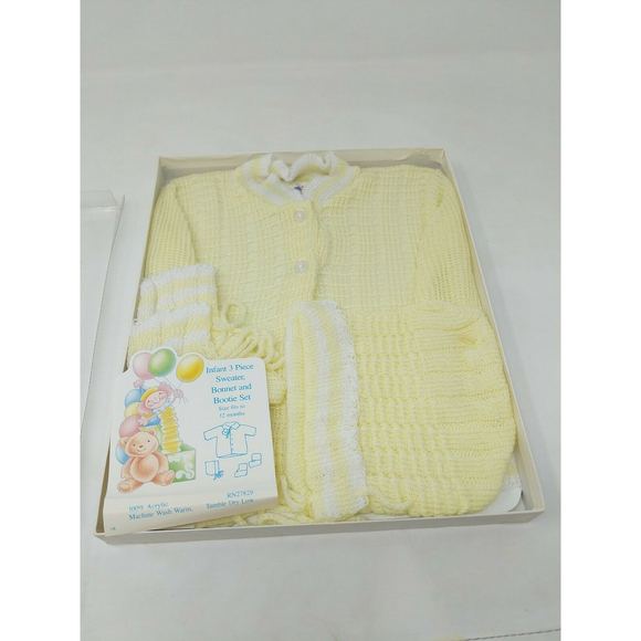 Cradle Knit Infant Baby Sweater Hat Bootie Set Yellow VTG 1970s 70s 80s 1980s - Picture 3 of 9